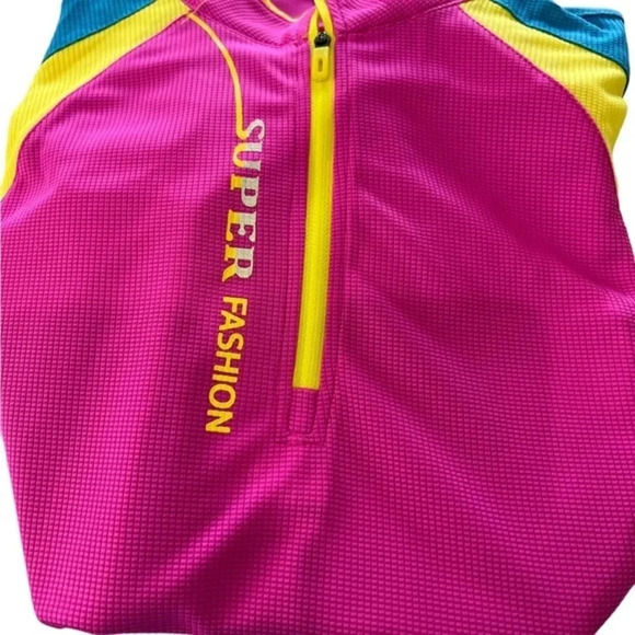 Color Block Zip Front Pink Blue Yellow Shirt - Picture 3 of 7